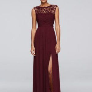 David's Bridal Wine Bridesmaid Dress with Lace Bodice
